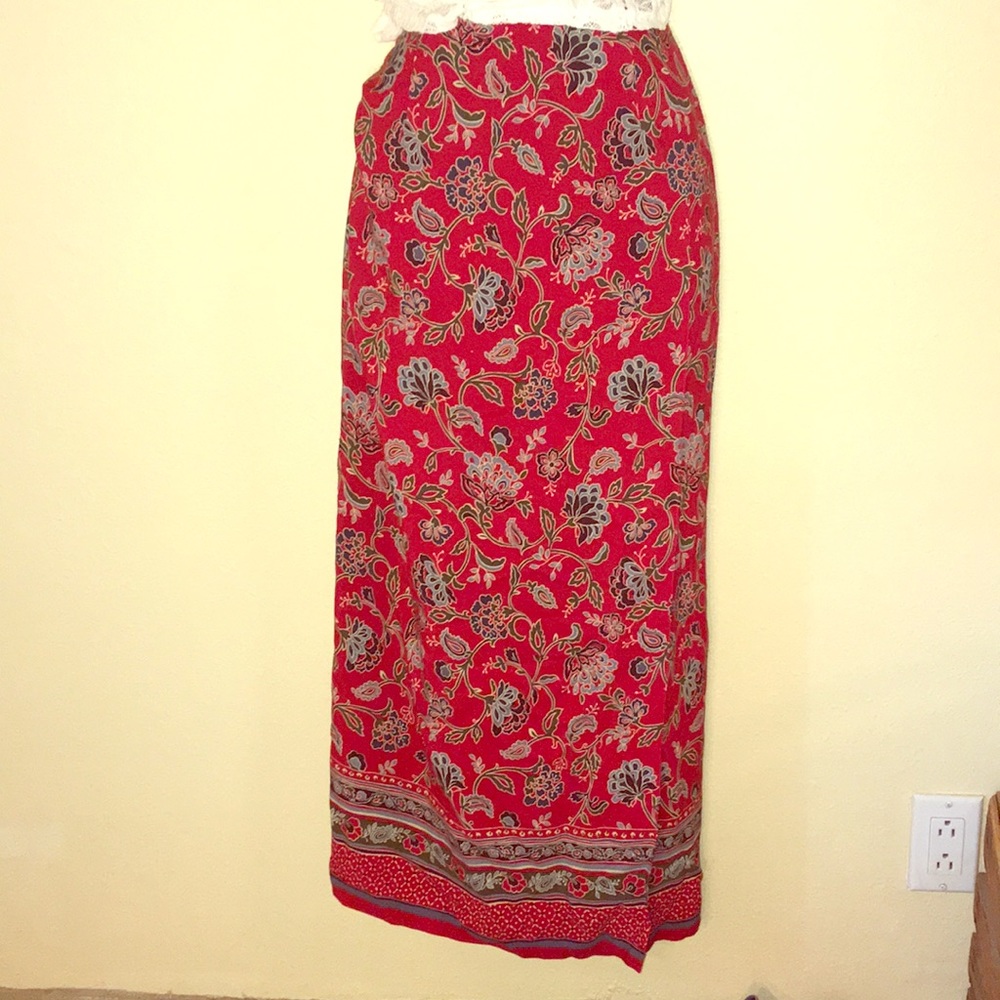 Talbots red floral mock wrap full length skirt